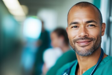 Smiling Male Doctor in Hospital Corridor