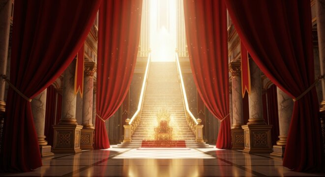 Grand Royal Throne Room with Bright Staircase and Red Velvet Curtains