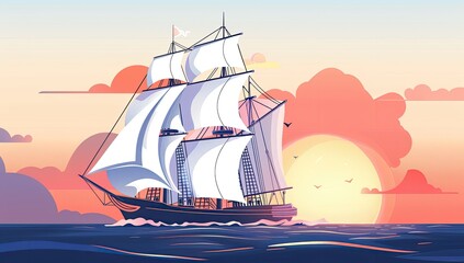 A majestic sailing ship glides across a calm ocean, bathed in the warm glow of a vibrant sunset.  Clouds drift peacefully in the sky