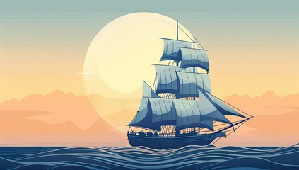 A stylized depiction of a three-masted sailing ship sailing on a calm sea at sunset, with a large sun or moon in the background