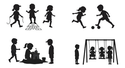 Silhouettes of children playing running and enjoying outdoor activities together