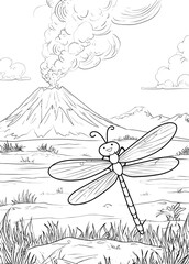 A dragonfly in the meadow with a volcano coloring page