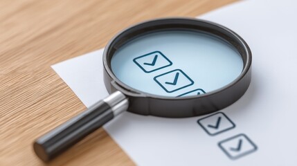 Magnifying glass over a checklist with check marks on a wooden surface, emphasizing focus on tasks and details in business and personal organization
