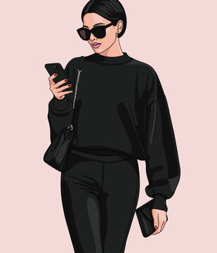 Closeup Portrait of  Young Brunette Woman in Black Outfit Walking and Typing on Mobile Phone, Isolated on Pastel Pink Background. Lifestyle Communication Technology Concept with Copy Space