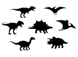 Diverse Dinosaur Silhouettes Prehistoric Creatures in Black and White Illustration Set