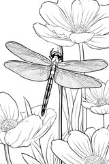 A cute dragonfly perched on flower coloring page