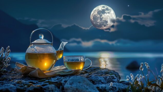 A glass teapot and cup of tea sit on rocks by a serene lake under a full moon and night sky.  The scene is peaceful and tranquil