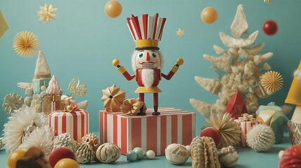 Festive Nutcracker and Decorations A Delightful Holiday Display on a Blue Background