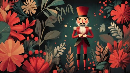 Whimsical Nutcracker in a vibrant, festive garden of stylized red and green flowers, evoking a sense of holiday magic and enchantment