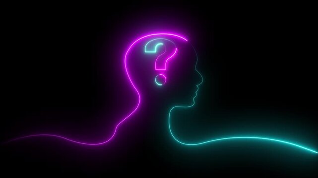 Bright glowing neon line illustration of a human head with a question mark inside, symbolizing thinking, ideas, and problem-solving.