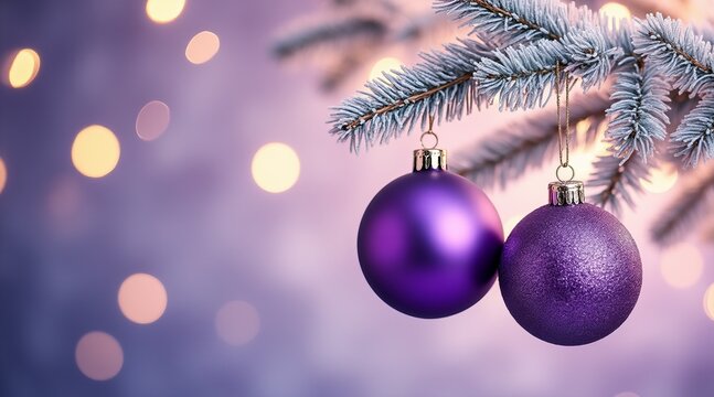 Purple Christmas ball hanging on decorated tree with festive ornaments and winter holiday. Purple glass Christmas ball ornament hanging on a snowy pine tree branch - Powered by Adobe