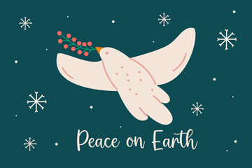 Christmas greeting card background with two doves and peace on earth holiday message