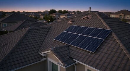 Obraz premium Aerial view of a suburban neighborhood at dusk, highlighting a modern tiled roof with installed solar panels, symbolizing sustainable living and home energy.