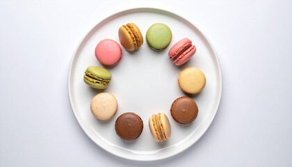 Obraz premium Colorful macarons arranged in a circular pattern on white plate