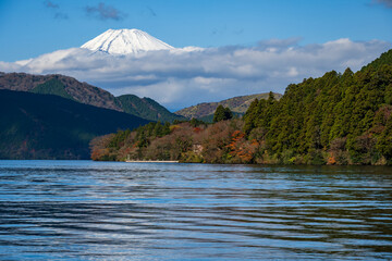 Mount Fuji Above Lake Ashi with Autumn Forest in Japan