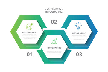 Modern infographic template design with 3 steps. Business hexagon template with options for process diagram, workflow, timeline, web design.