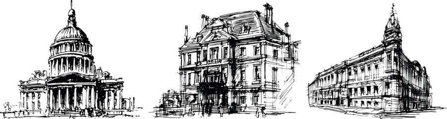 Fototapeta premium Architectural hand drawn sketches of historic city buildings. Vector sketch silhouette of retro buildings