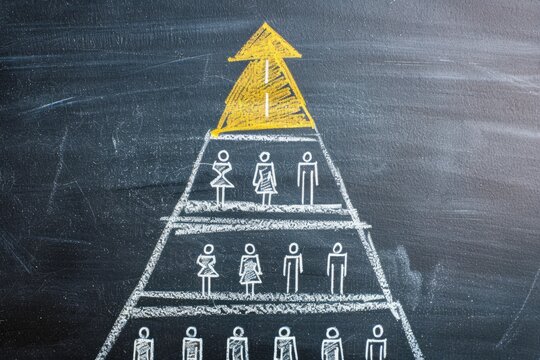Chalkboard illustration depicting a hierarchical pyramid structure with upward-pointing arrow, symbolizing growth or progress