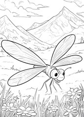 A dragonfly in the meadow with a volcano coloring page