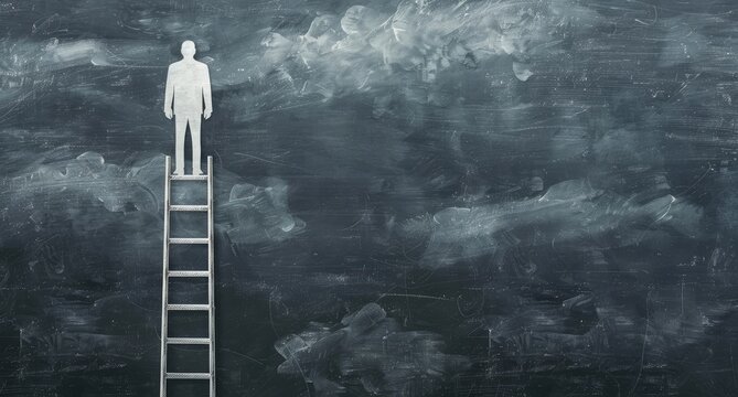 A paper cutout of a man stands atop a ladder against a dark, textured background, suggesting ambition and achievement - Powered by Adobe