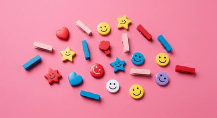 Colorful Smiley Face and Star Buttons Scattered on Pink Background
