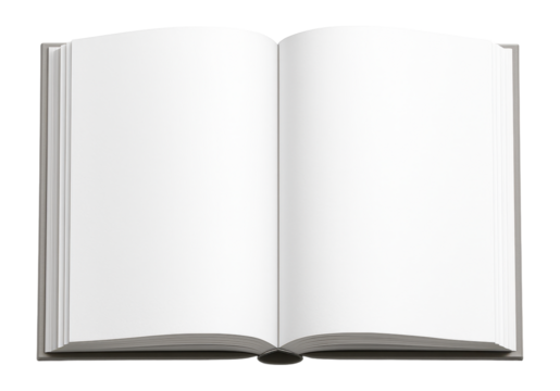 Open book with blank white pages, top view.