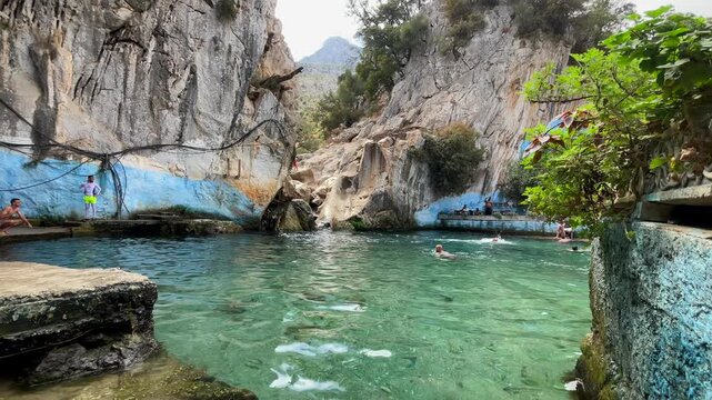 Tetouan, Morocco &ndash; September 18 2025: Scenic view of Ain Zarka spring, a popular natural water creating a serene escape for relaxation, adventure, and nature lovers in a hidden paradise. near Tetouan.