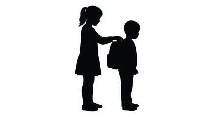 Silhouette of a young girl adjusting a boy s backpack at school