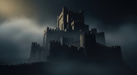 Fototapeta premium Dark Medieval Castle on Hilltop Under Stormy Sky with Fog