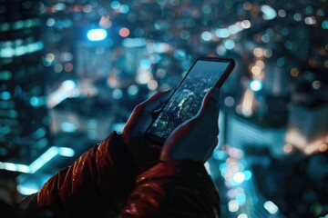 High Resolution Image of Person Holding Smartphone with Blurred Cityscape Background