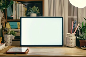 High Resolution of Close Up View of Home Office Desk with Laptop Mockup