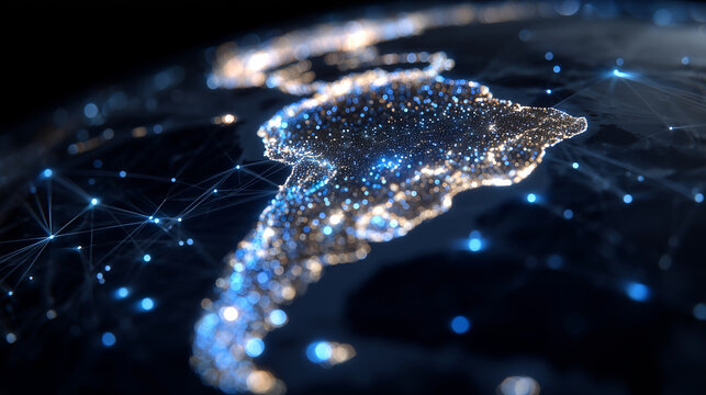 Futuristic Latin America map with holographic overlays, bright data nodes, digital lines connecting countries and cities, cyber connectivity emphasized