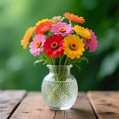 Title:
Colorful flower bouquet in patterned glass vase on wooden table with green blurred background