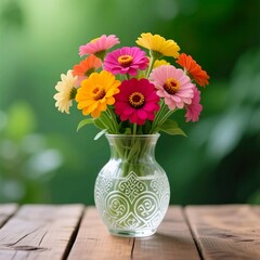 Title:
Vibrant zinnia-like flower bouquet in vintage patterned glass vase on rustic wooden table with green blurred background