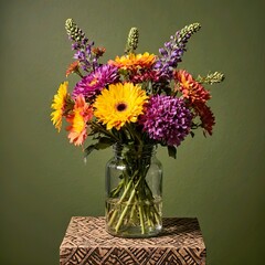 Title:
Colorful flower bouquet in glass jar on carved wooden stand with dark green background