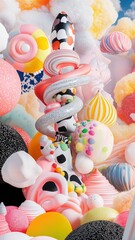 A whimsical and vibrant artistic composition of surreal candy-like elements and colorful abstract forms creating a dreamlike fantasy world