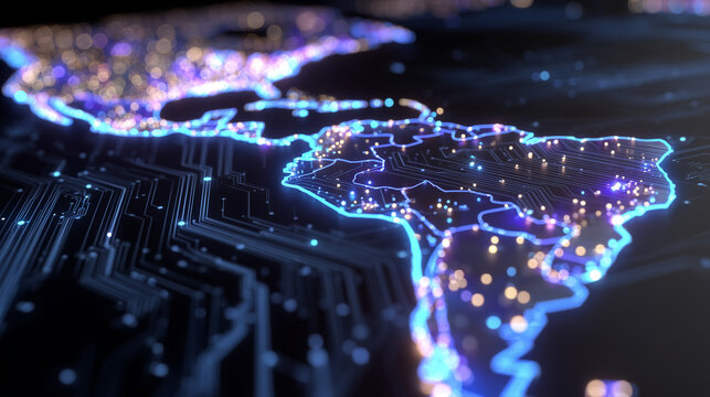 Latin America map visualized as glowing digital interface, circuits and neon paths linking cities, advanced cyber network concept