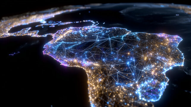 Vibrant cyber map of Latin America, holographic effects showing technology infrastructure, glowing connectivity lines between urban centers