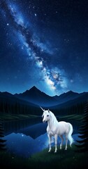 White unicorn stands on grassy hill under milky way galaxy horse mythical