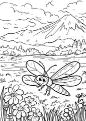 A dragonfly in the meadow with a volcano coloring page