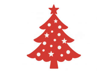 Red christmas tree shape with white polka dots and stars, decorated for winter holidays. Transparent background