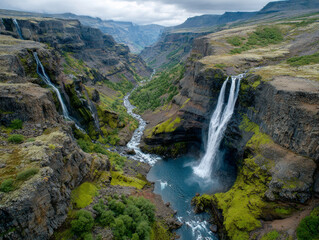 Aerial view of Icelandic waterfalls cascading into mossy canyon, surrounded by rugged cliffs and lush greenery