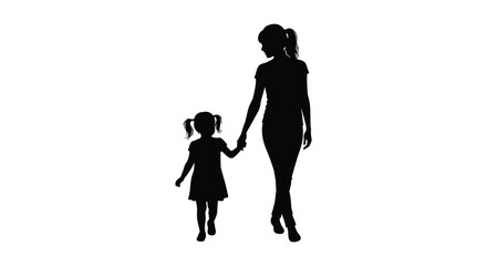 Silhouette of a mother and young daughter walking hand in hand
