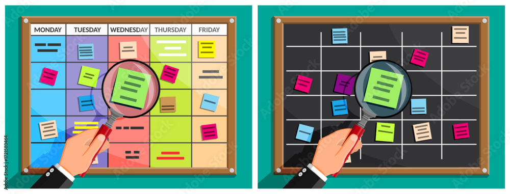 Poster man looking at weekly calendar and task board with magnifying glass. time management and planning co