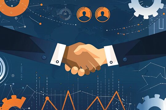 A stylized illustration depicts a handshake between two individuals against a backdrop of interconnected global data visualizations and gears, symbolizing 
