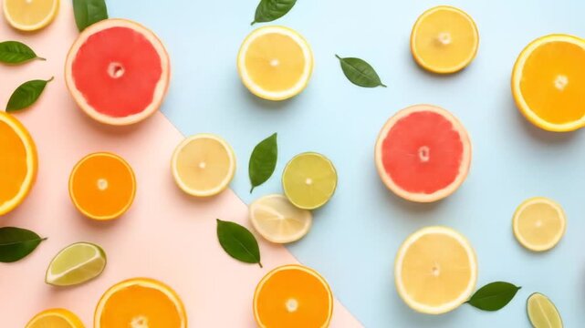 Colorful Citrus Slices and Leaves on Pastel Backgrounds