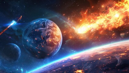 Obraz premium A fiery meteor hurtles toward Earth, illuminating the planet and a nearby satellite in a dramatic cosmic scene. The impact seems imminent