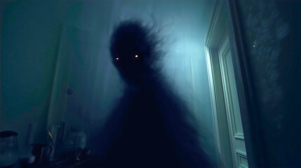 A terrifying shadow person with glowing eyes in a dark room, a supernatural ghost or paranormal demon from a nightmare, a concept of fear, sleep paralysis and being haunted, a blurry horror scene.

