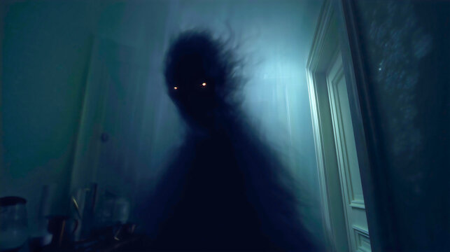 A terrifying shadow person with glowing eyes in a dark room, a supernatural ghost or paranormal demon from a nightmare, a concept of fear, sleep paralysis and being haunted, a blurry horror scene.

