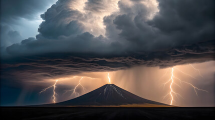 Dark storm clouds over a conical mountain with lightning strikes